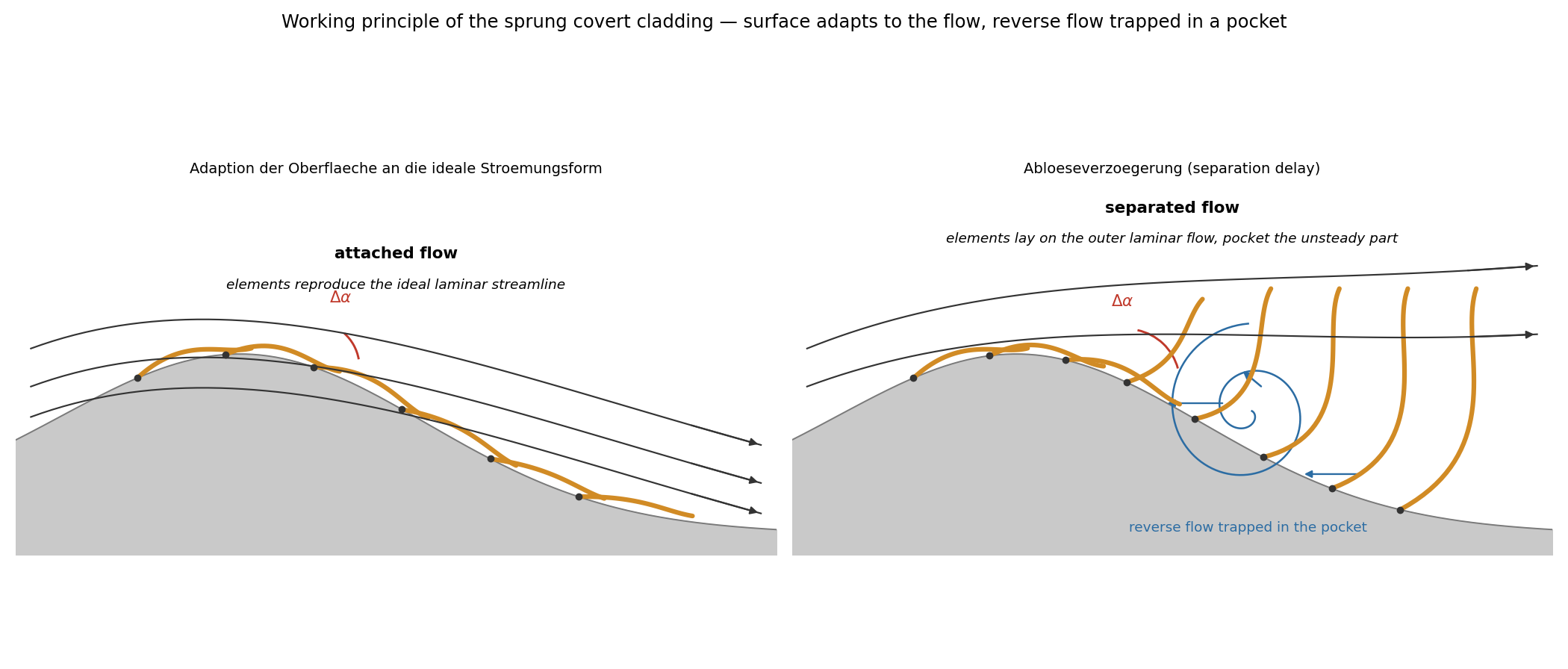 Working principle: attached flow vs separated flow with reverse flow trapped in pockets